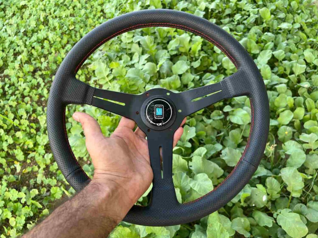 Nardi 360mm Re-leather stitched all black with red stitch thread (11)