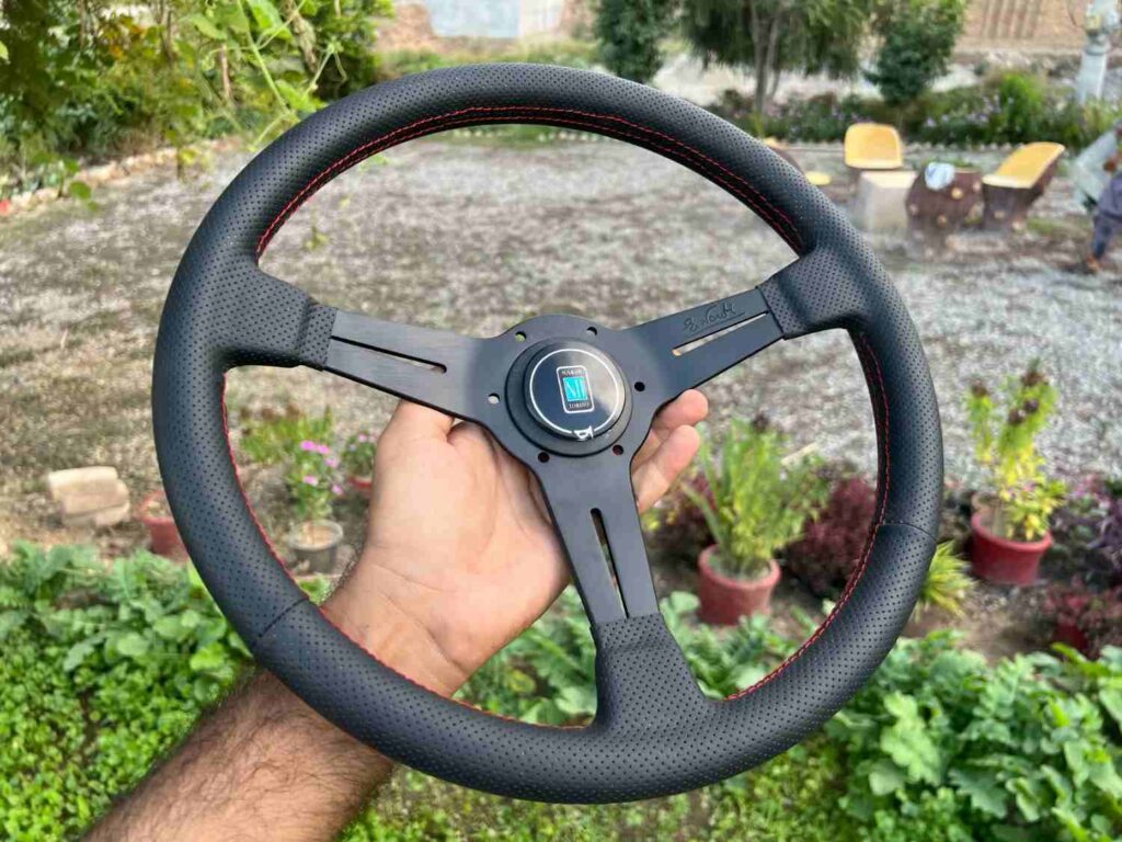 Nardi 360mm Re-leather stitched all black with red stitch thread (2)