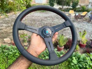 Nardi 360mm Re-leather stitched all black with red stitch thread (2)