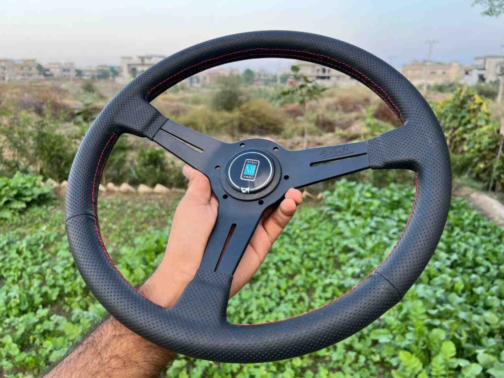 Nardi 360mm Re-leather stitched all black with red stitch thread (7)