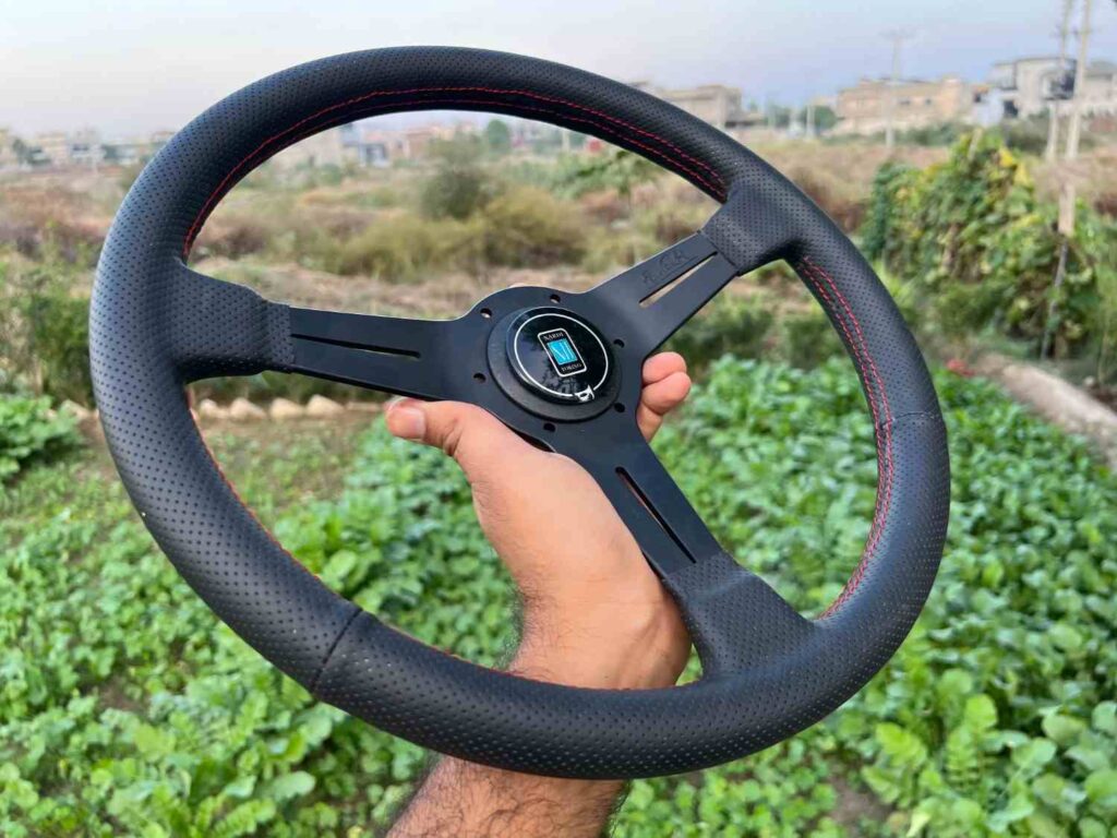 Nardi 360mm Re-leather stitched all black with red stitch thread (8)