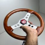 OBA Italian vintage wooden steering wheel with red Toyota horn button (4)